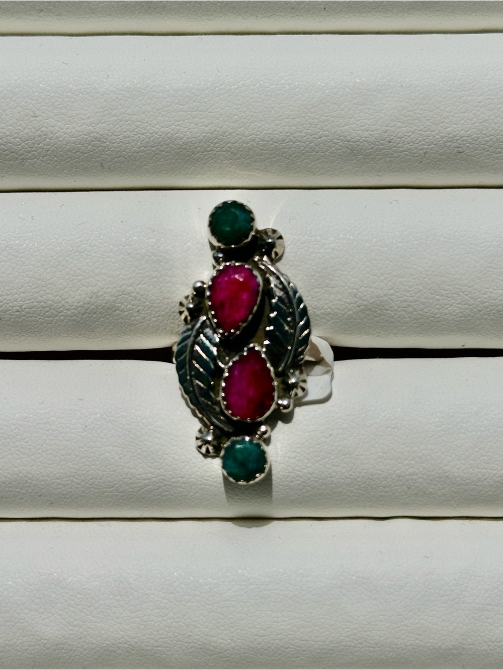 Sterling Silver Emerald and Ruby Stone Floral Ring